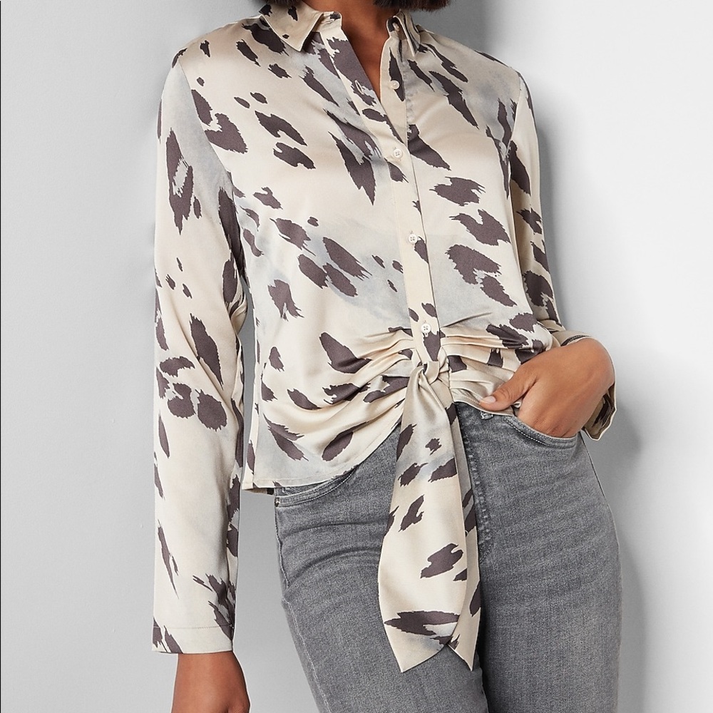 Express Cheetah Print Satin Tie Front Portofino Shirt